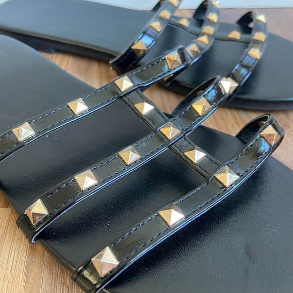 Pyramid Gold Studded Caged Patent Flat Slip-On Slide Sandals Boho Beachy - Picture 6 of 9